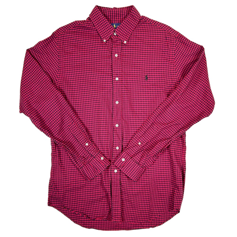 Ralph Lauren Mens Slim Fit Gingham Button Down Shirt Red Black Large 100% Cotton